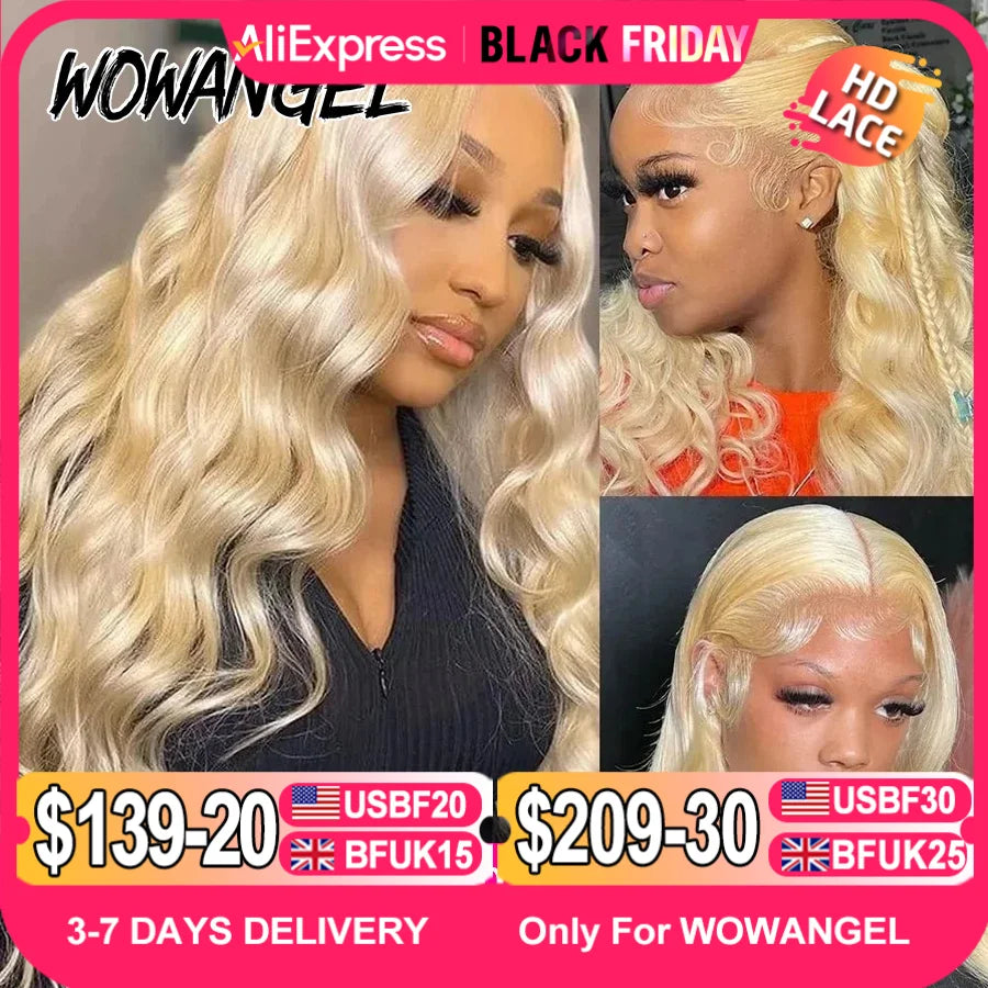 Blond HD lace full frontal wig with body wave texture, Brazilian human hair, transparent lace, long length, perfect for women.